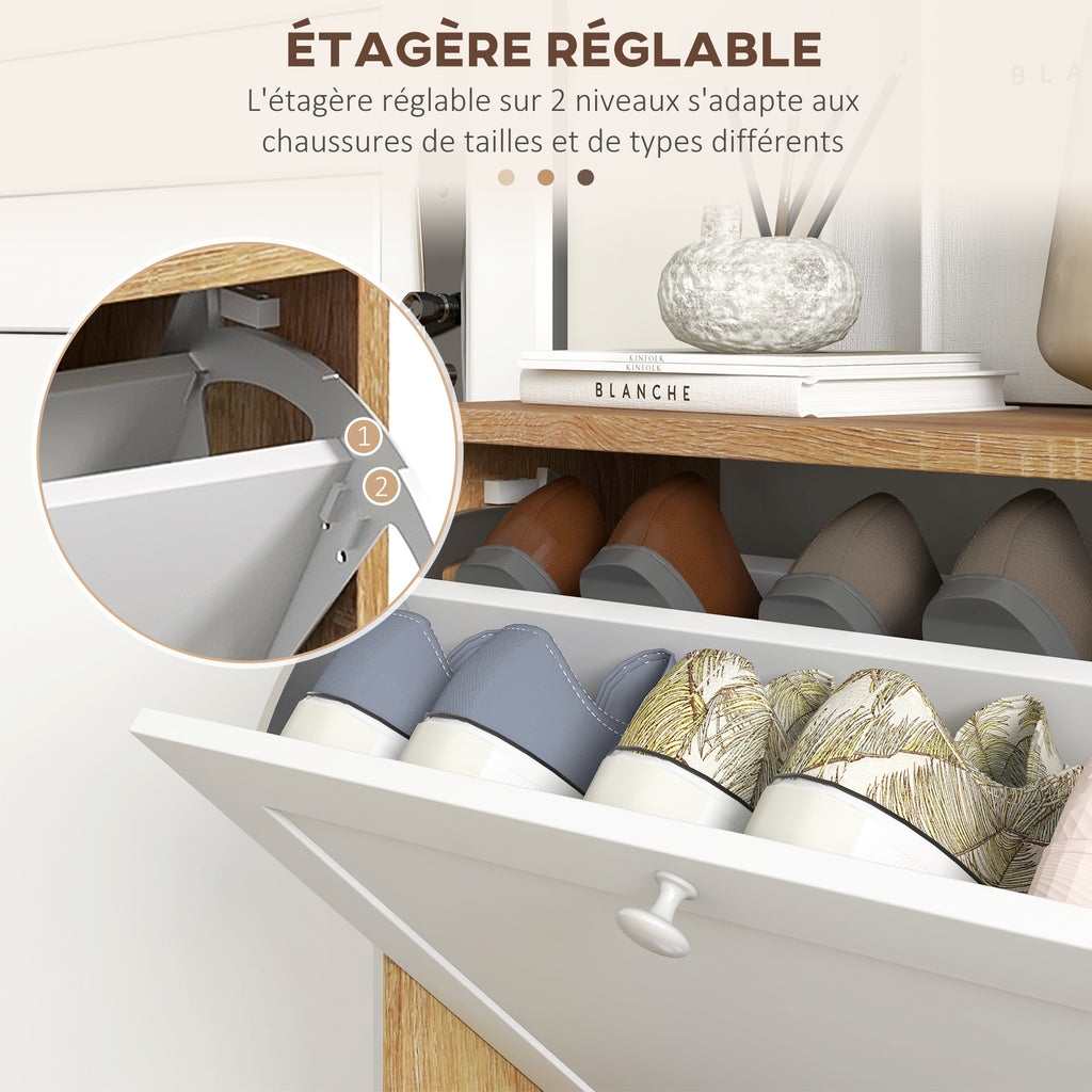 Meuble à chaussures 12 paires, armoire à chaussures, 2 tiroirs rabattables et étagères réglables, 60x24,5x75,5cm, blanc-4
