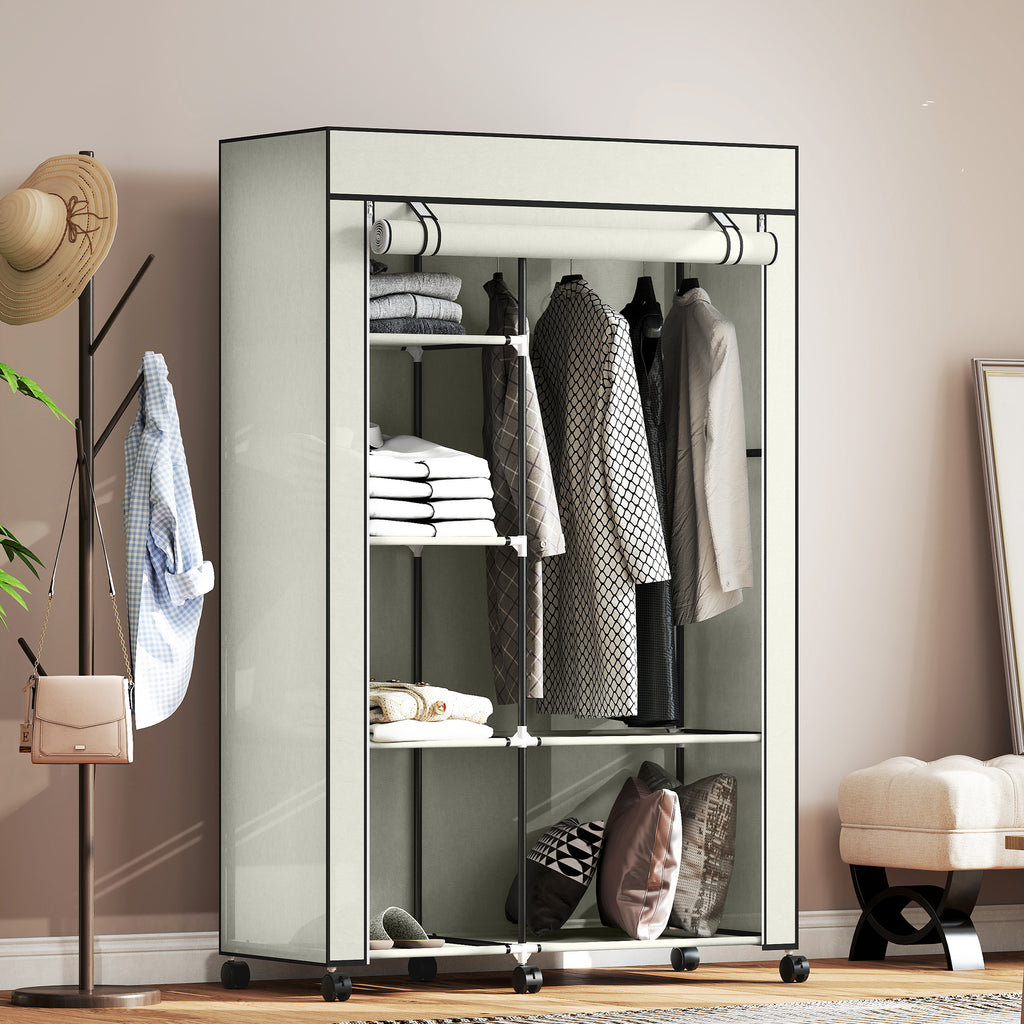 Armoire penderie en tissu meuble de rangement 6 roulettes tringle à vêtements et étagères ouvertes 103x43x162,5cm crème-7