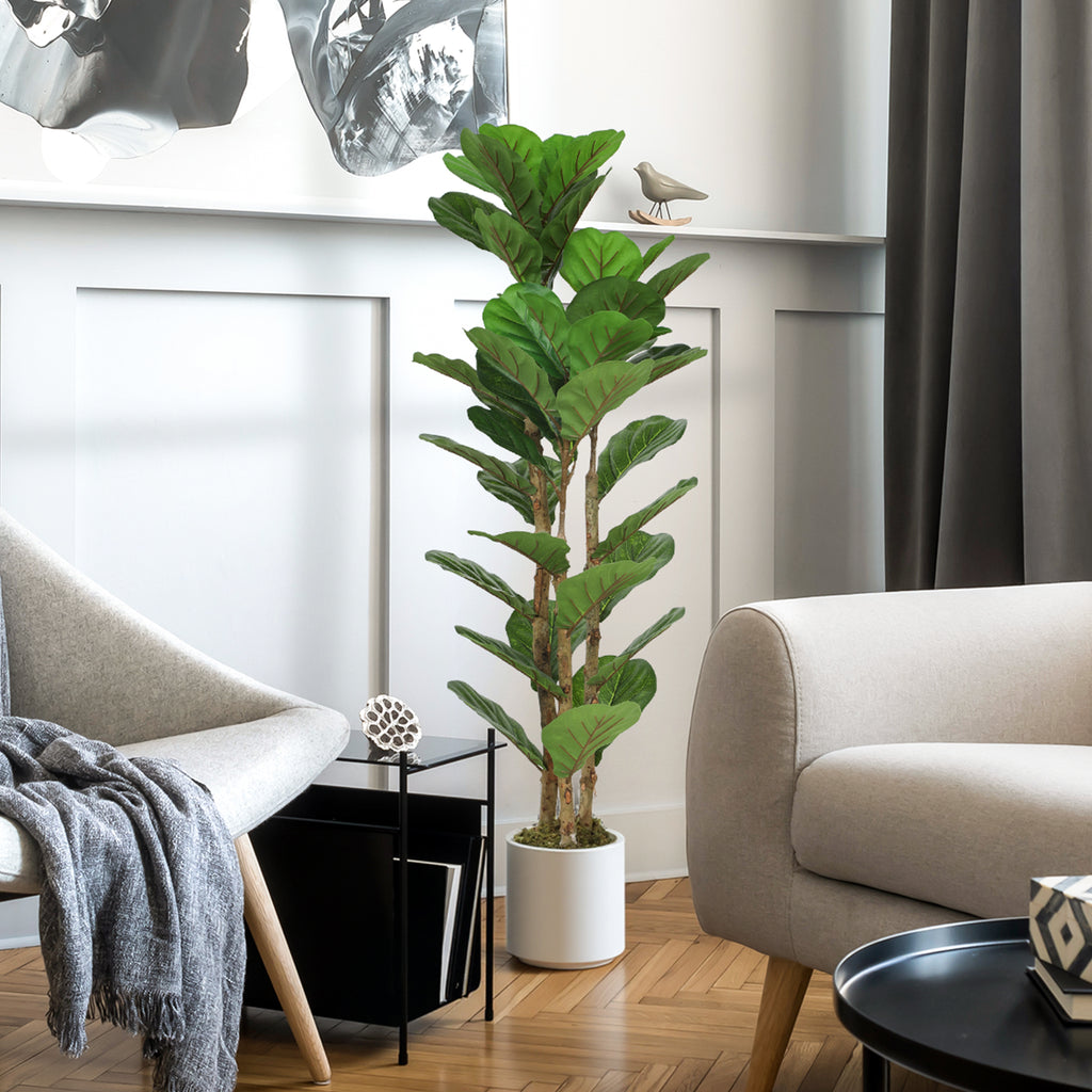 Plante artificielle intérieure 120 cm Figuier lyre arbre artificiel avec pot en plastique et tronc en bois massif, vert-9