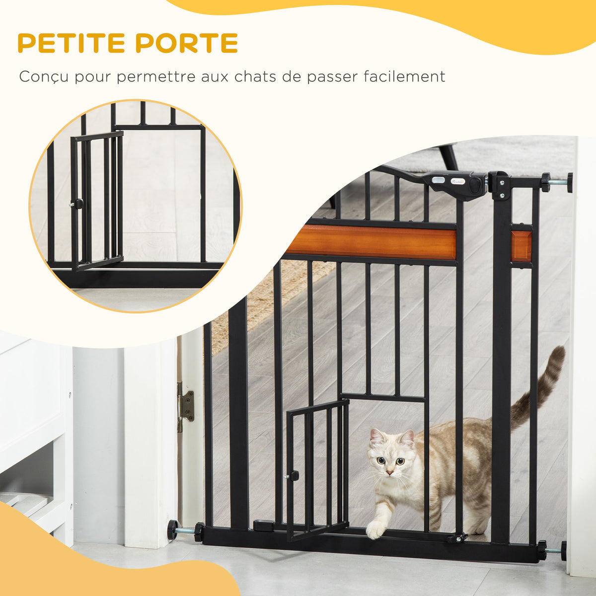 Barrière de sécurité pour animaux système de double verrouillage sans perçage 74 à 80 cm acier bois de pin noir-6