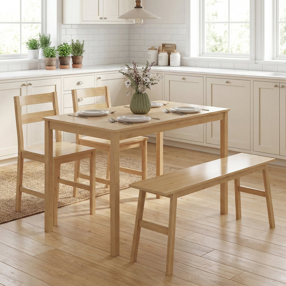 Ensemble de salle à manger en bambou, table à manger avec 2 chaises et banc pour 4 personnes, bois naturel-9