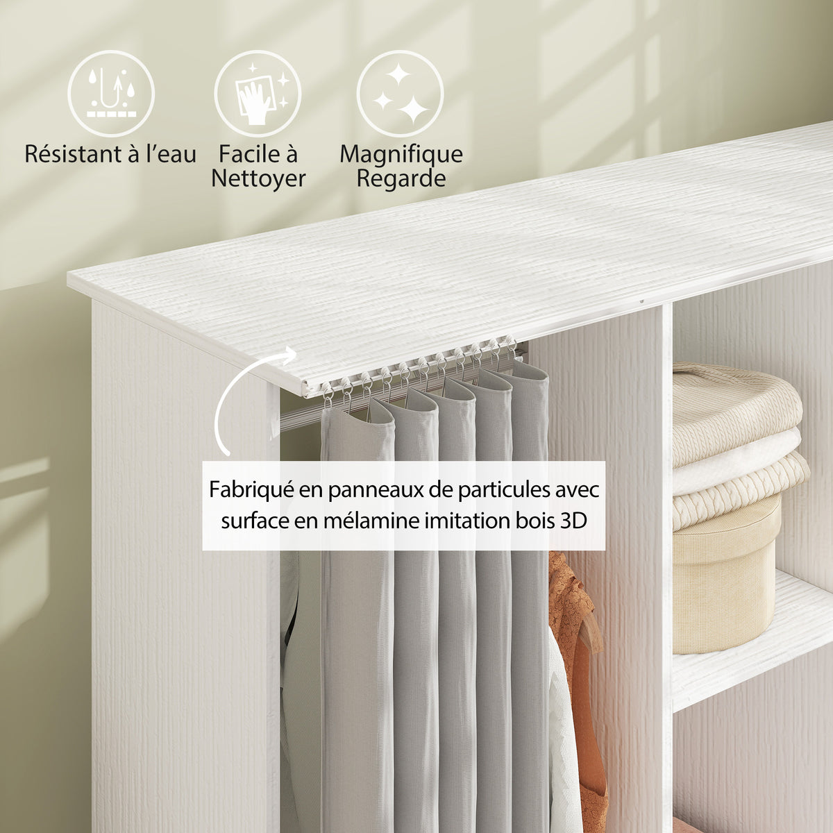 Armoire penderie Meuble de Rangement Mobile 6 roulettes 120L x 40l x 128H cm en bois blanc-3