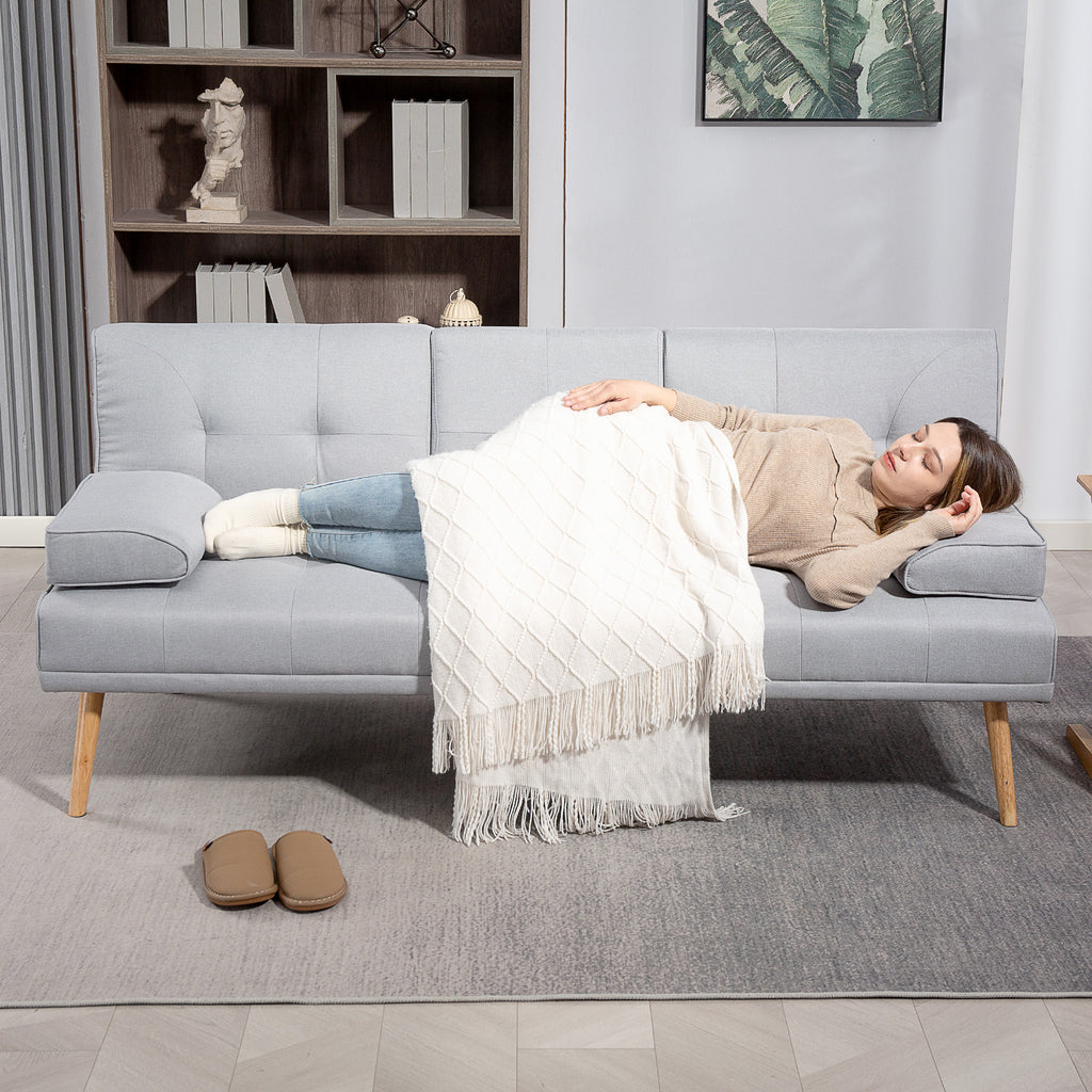 Canapé convertible 3 places, canapé-lit rembourré avec dossier réglable 3 niveaux, 2 coussins et 2 porte-gobelets intégrés, tissu de lin, pour salon, chambre d'amis, petit espace, gris clair-7