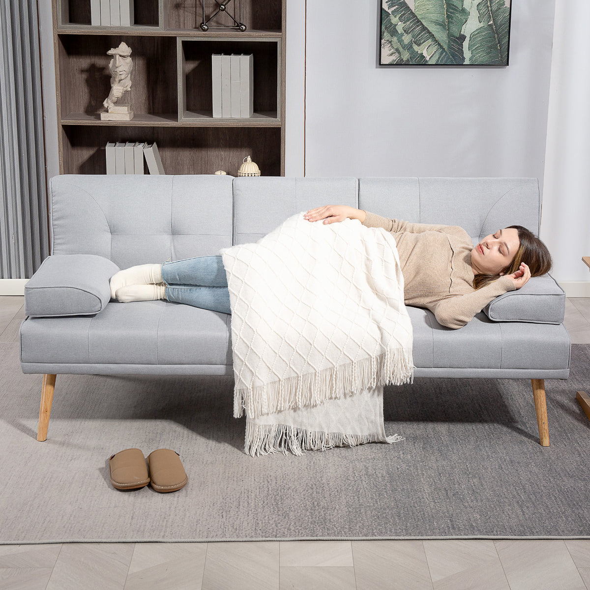 Canapé convertible 3 places, canapé-lit rembourré avec dossier réglable 3 niveaux, 2 coussins et 2 porte-gobelets intégrés, tissu de lin, pour salon, chambre d'amis, petit espace, gris clair-7