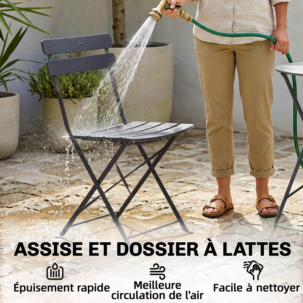 Ensemble Bistrot de Jardin 3 Pièces Table et 2 Chaises Pliantes à Lattes Double Protection Antirouille Noir-6