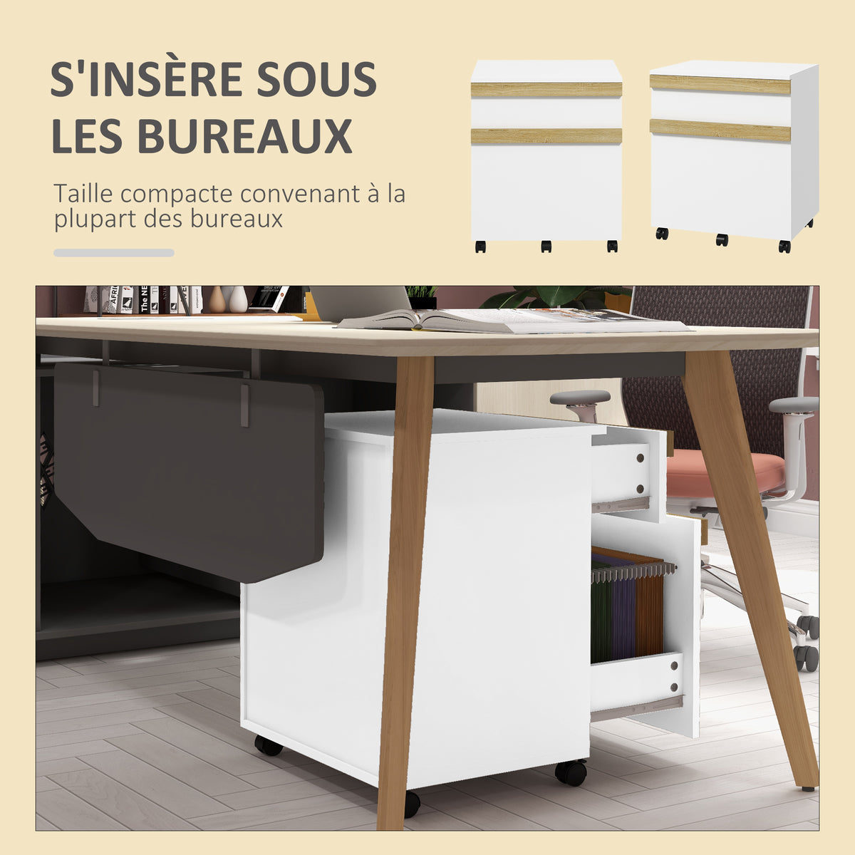 Caisson de bureau à roulettes avec 2 tiroirs coulissants trieur à dossiers 48 x 40 x 59,5 cm blanc-5