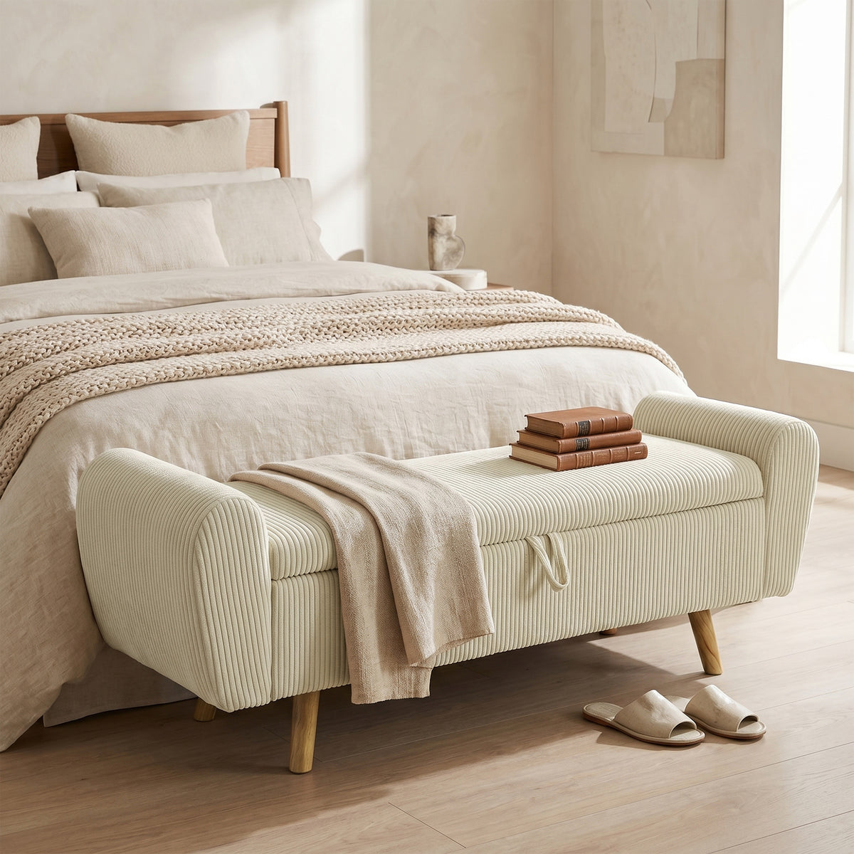 Banc de rangement 73 L, coffre de rangement rembourré en velours côtelé avec accoudoirs et pieds en bois d'hévéa, beige-1