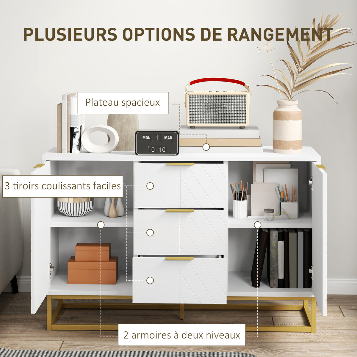 Buffet, meuble cuisine rangement, design contemporain graphique, 2 placards porte, étagères réglables, 3 tiroirs coulissants, bois blanc métal doré, 120 x 40 x 76 cm-4