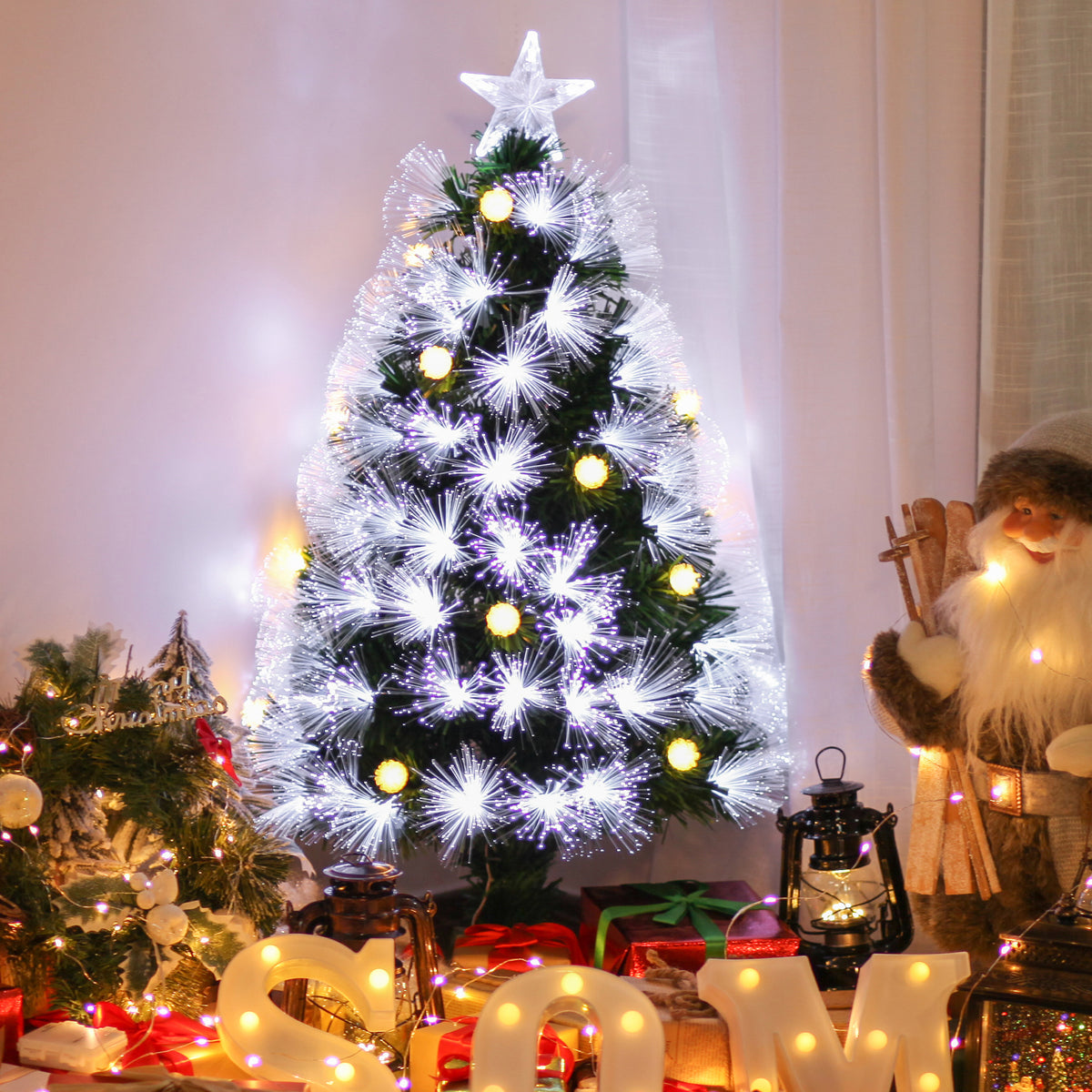 Sapin Noël Artificiel Lumineux 90H cm Fibre Optique LED + 14 Ampoules + Support Pied 90 Sommet Brillante Vert-1
