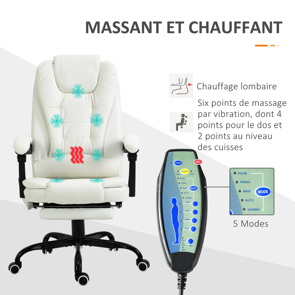 Fauteuil de Bureau Massant 7 Points, Chaise de Bureau Ergonomique avec Repose-pieds Rétractable, Dossier Inclinable 155°, Hauteur Réglable, Pivotant à 360°, télécommande Filaire, Blanc-4