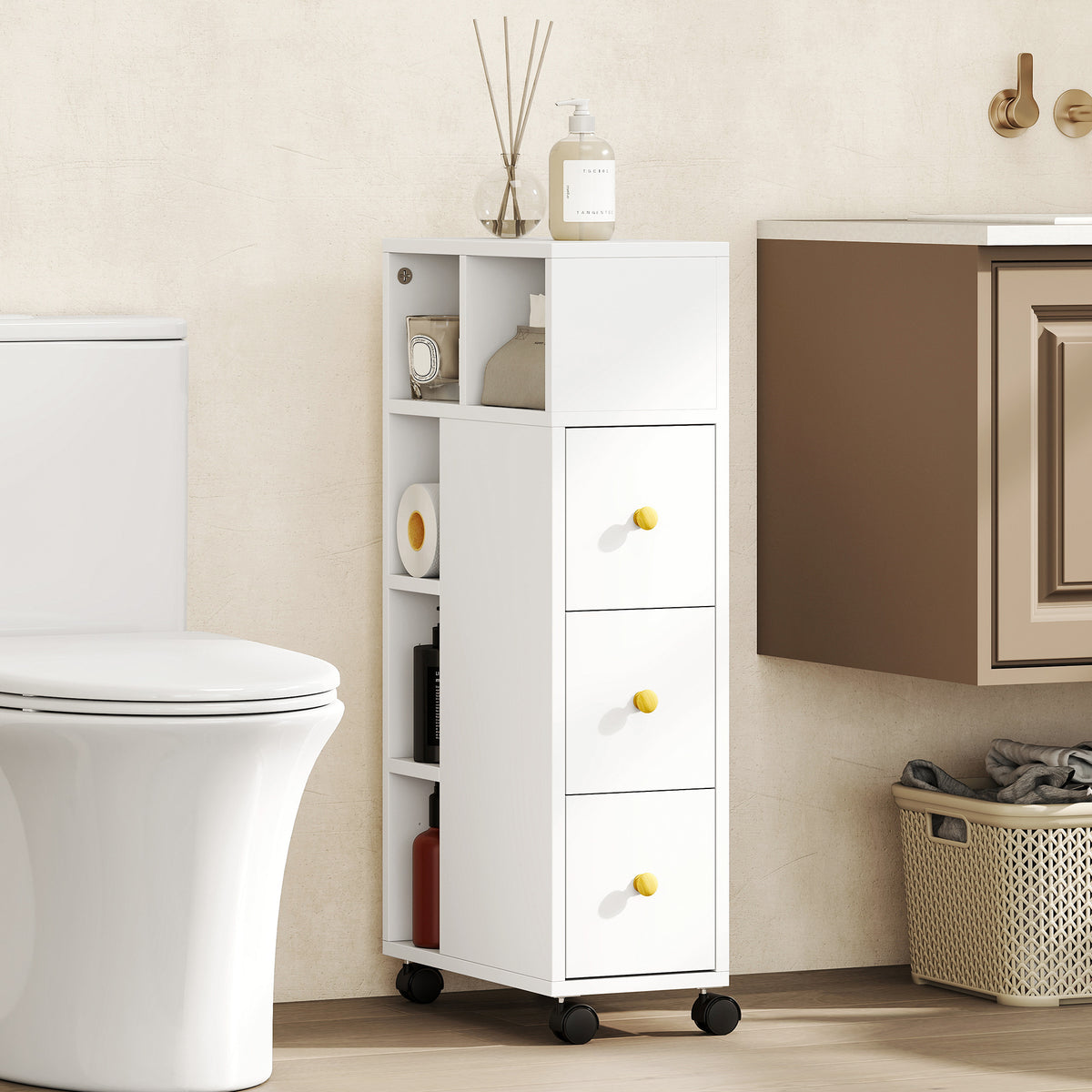 Meuble de salle de bain à roulettes, meuble de rangement étroit, 3 tiroirs, 5 compartiments ouverts,  20x40x80cm, blanc-1