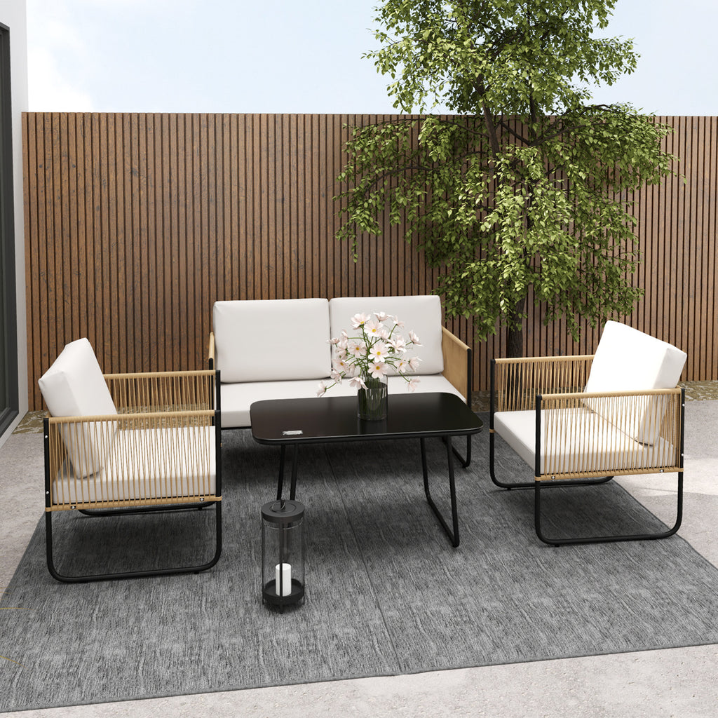 Salon de jardin 4 pièces avec canapé 2 places, 2 fauteuils, 1 table basse en verre et coussins – crème blanc-8