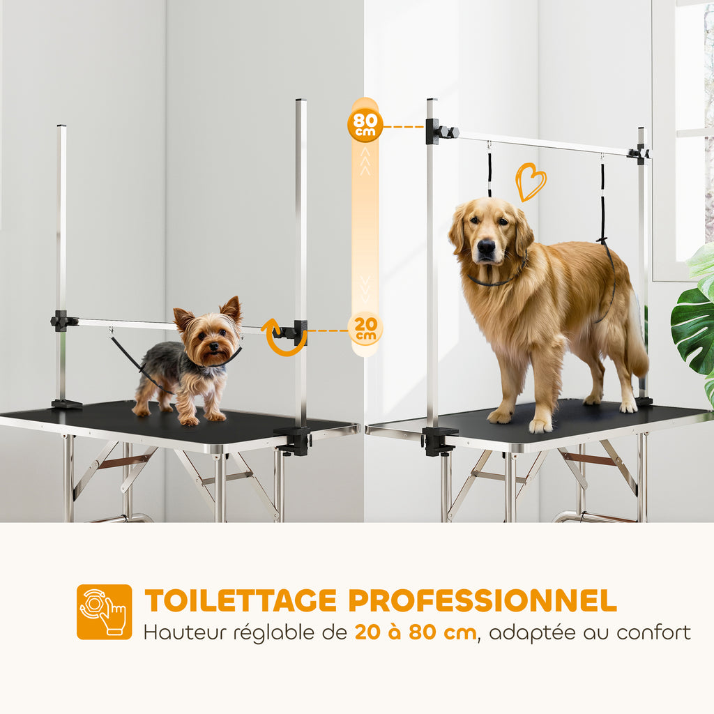 Table de toilettage pour chien pliante potence H-forme inox réglable 2 sangles panier 107 x 60 x 164 cm noir-3