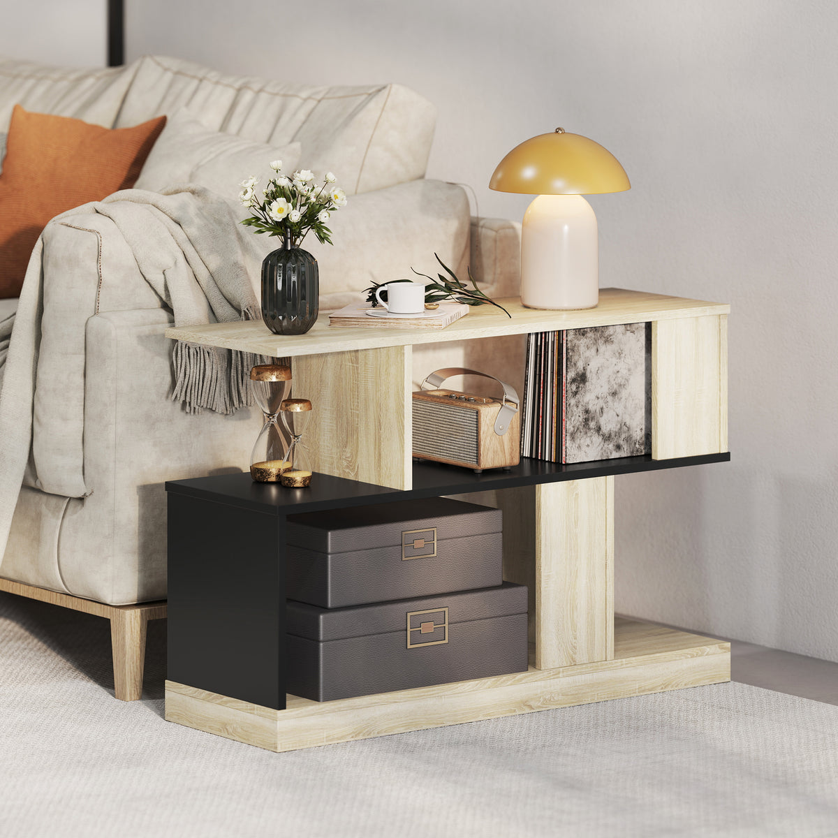 Table d'appoint en forme S, bout de canapé à 3 niveaux étagères de rangement, 90 x 30 x 61 cm, effet bois naturel noir-9