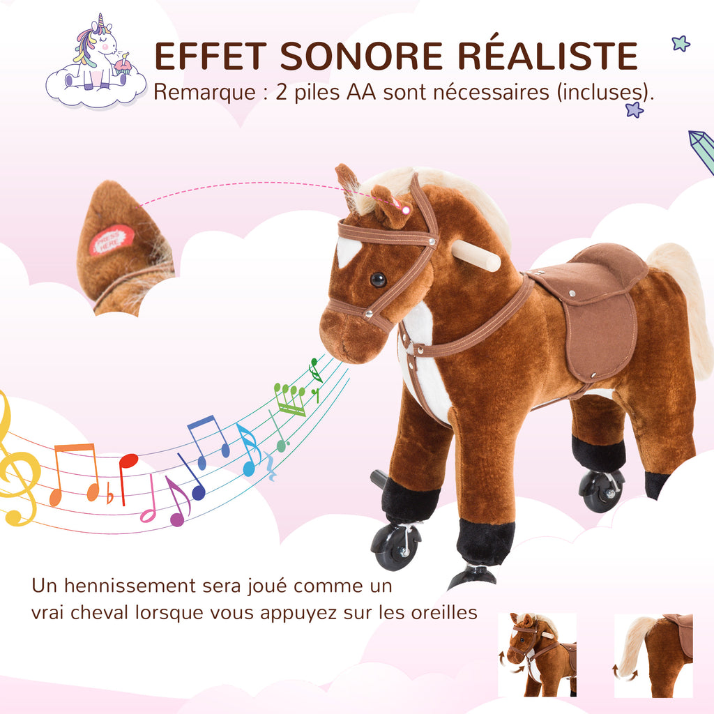 Jouet cheval pour enfant de +24 mois avec 4 roulettes, effet sonore, repose-pieds et guidon, 55x23x60 cm Marron-5