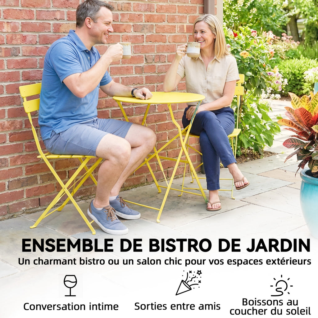Ensemble Bistrot de Jardin 3 Pièces Table et 2 Chaises Pliantes à Lattes Double Protection Antirouille Jaune-4