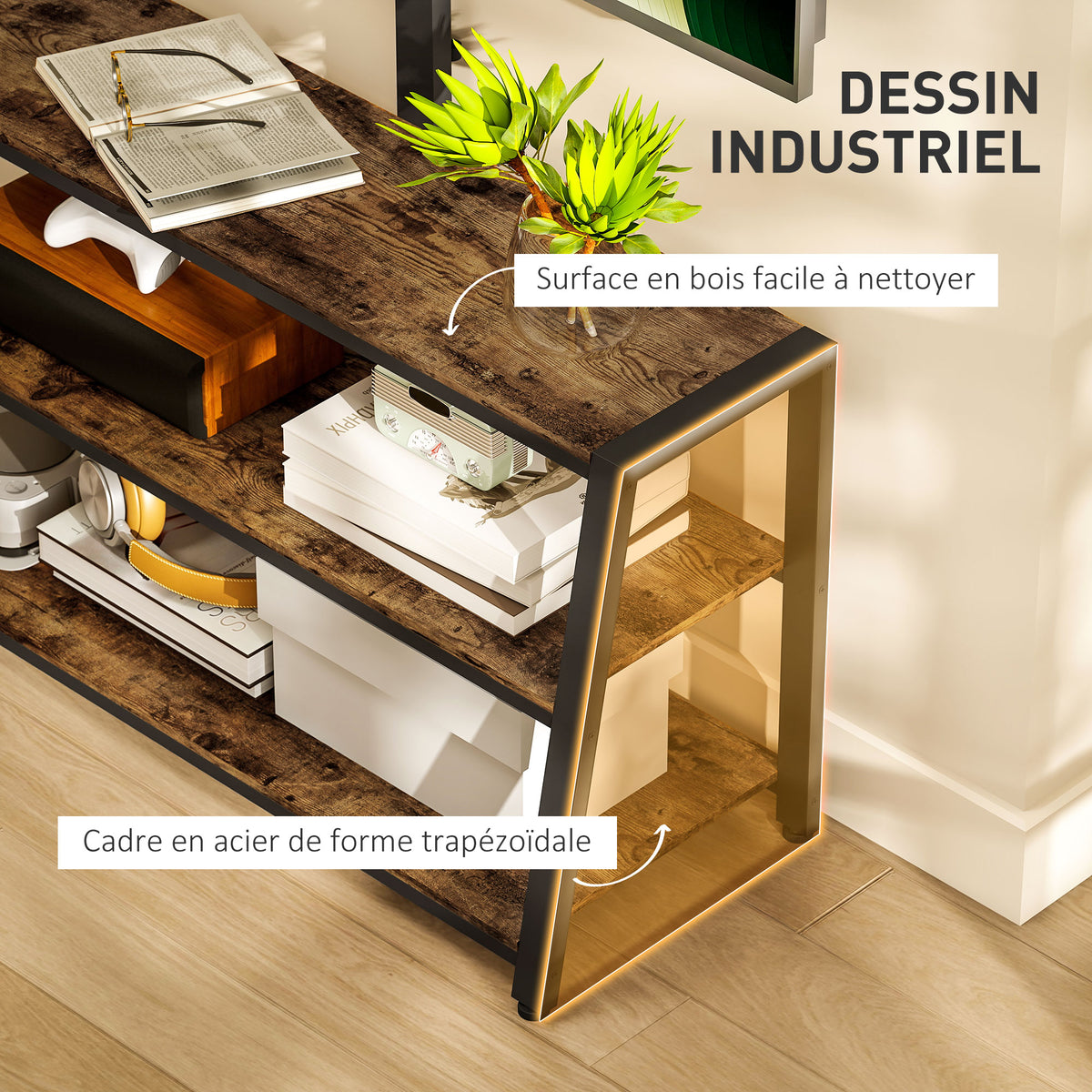 Meuble TV avec support pour téléviseurs de 32-70 pouces, étagères ouvertes, angle ajustable 35°, 108x41x135cm, marron-5