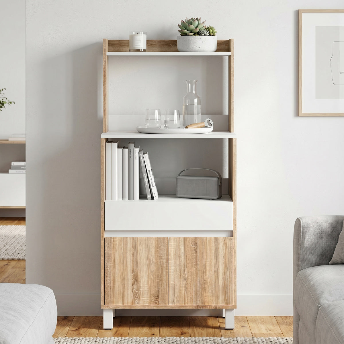 Meuble Micro-Ondes, Buffet Cuisine avec Tiroir, 2 Portes à Fermeture Douce, Plan de Travail et Étagères Ouvertes, Chêne-6