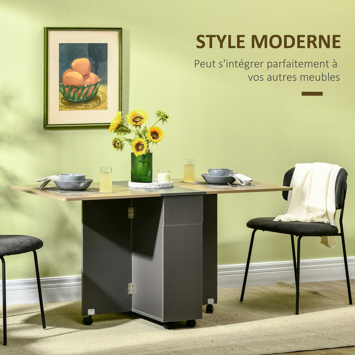 Table de salle à manger pliante sur roulettes avec rangement 2 tiroirs et 1 placard 76 x 140 x 74 cm-3