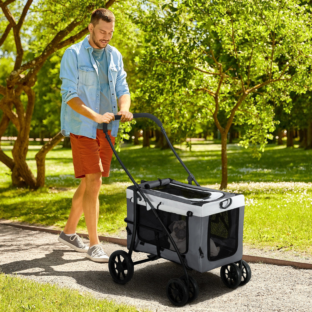Poussette pliable animaux chien chat nacelle amovible bandoulières 4 roues 81 x 58 x 97,5 cm gris-1