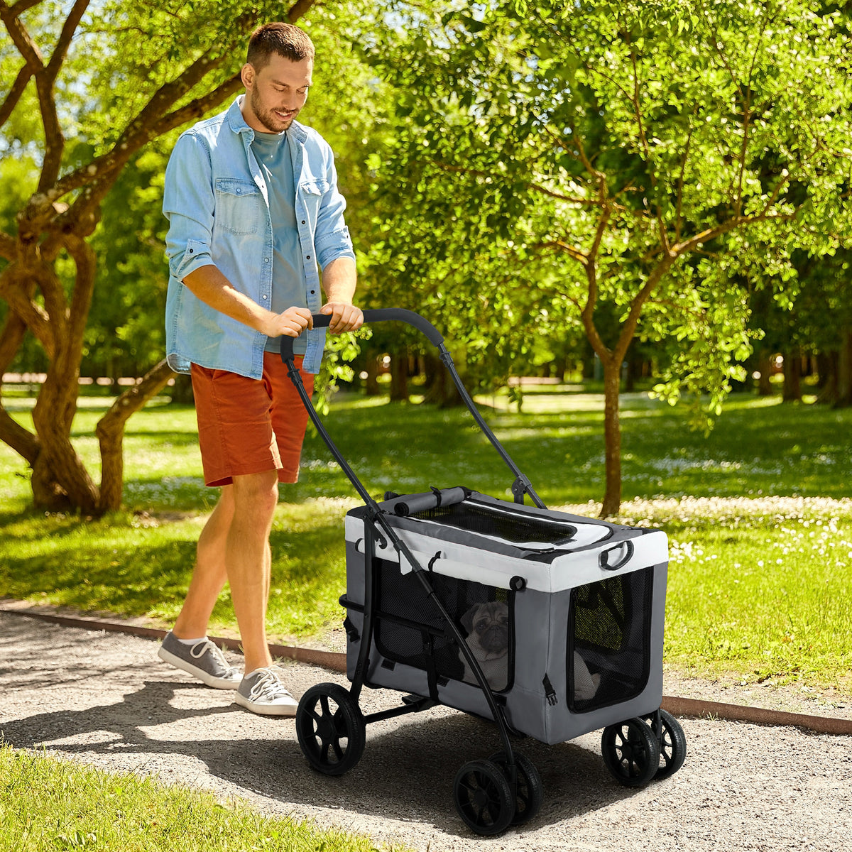 Poussette pliable animaux chien chat nacelle amovible bandoulières 4 roues 81 x 58 x 97,5 cm gris-1
