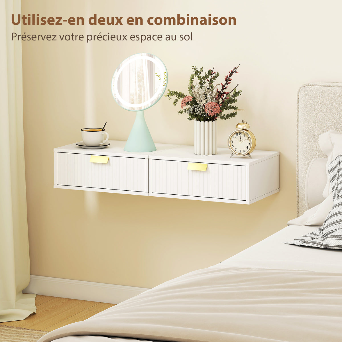 Lot de 2 tables de chevet murales, tables de nuit suspendues avec tiroir ondulé, 40 x 30 x 15 cm, blanc-5