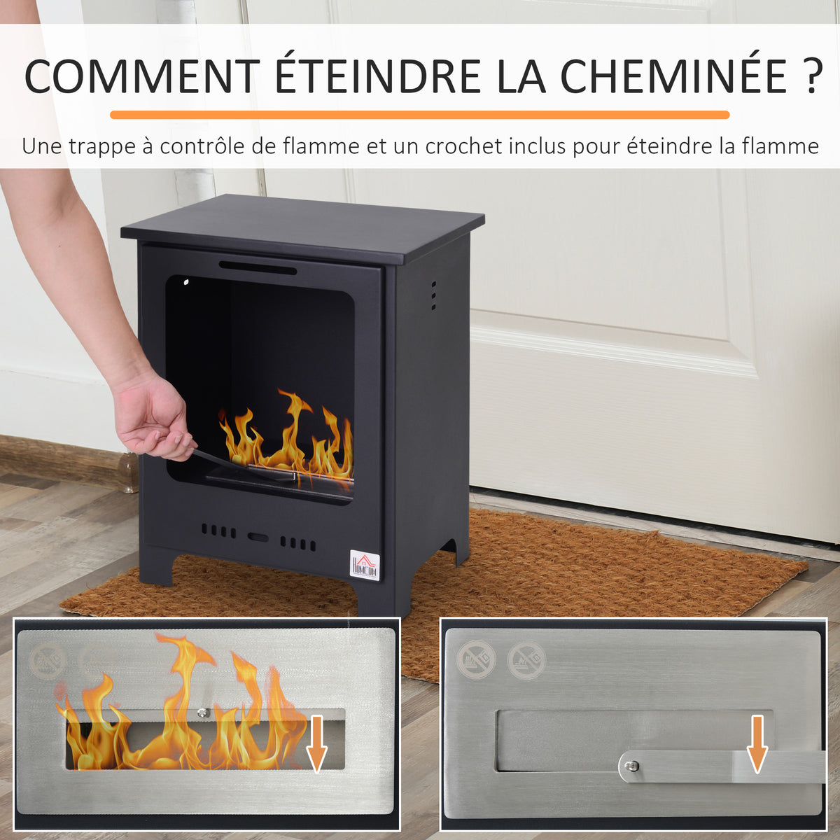 Cheminée bioéthanol sur Pieds brûleur 0,9 L, 3h de durée de combustion Style néo-rétro poêle dim. 40L x 30l x 50H cm Couverture 20-25 m² Noir-4