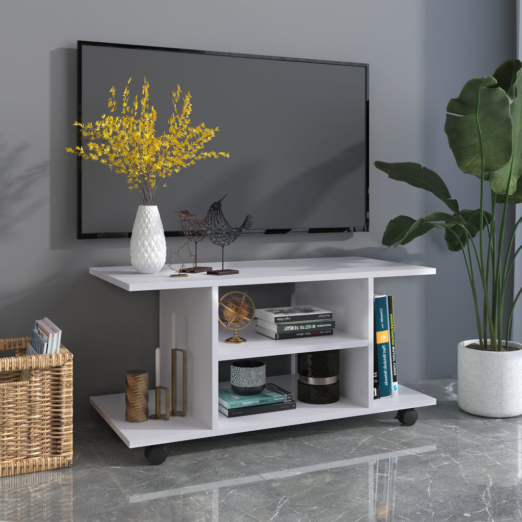 Meuble TV avec Roulettes 80 cm, Meuble Télé pour Téléviseur jusqu'à 42 Pouces avec Étagères Ouvertes, Style Moderne, Banc TV pour Salon, Chambre, Blanc-1