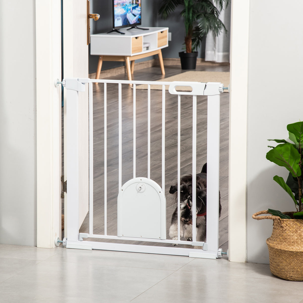 Barrière de sécurité animaux avec porte fermeture automatique système de double verrouillage, acier blanc-8