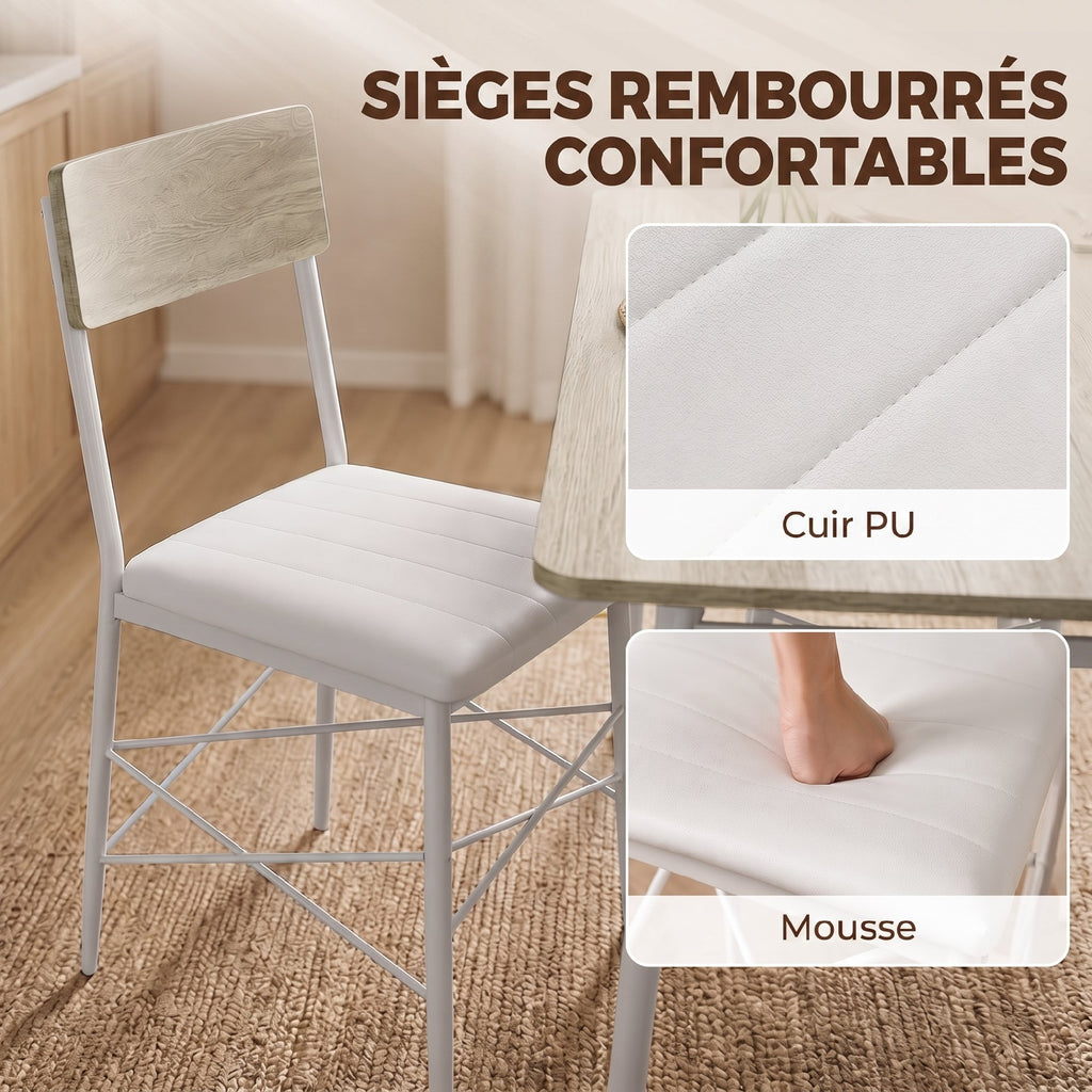 Ensemble Table Salle à Manger avec 2 Chaises et Banc, Assises Rembourrées, pour Salon, Petit Espace, Chêne et Blanc-5