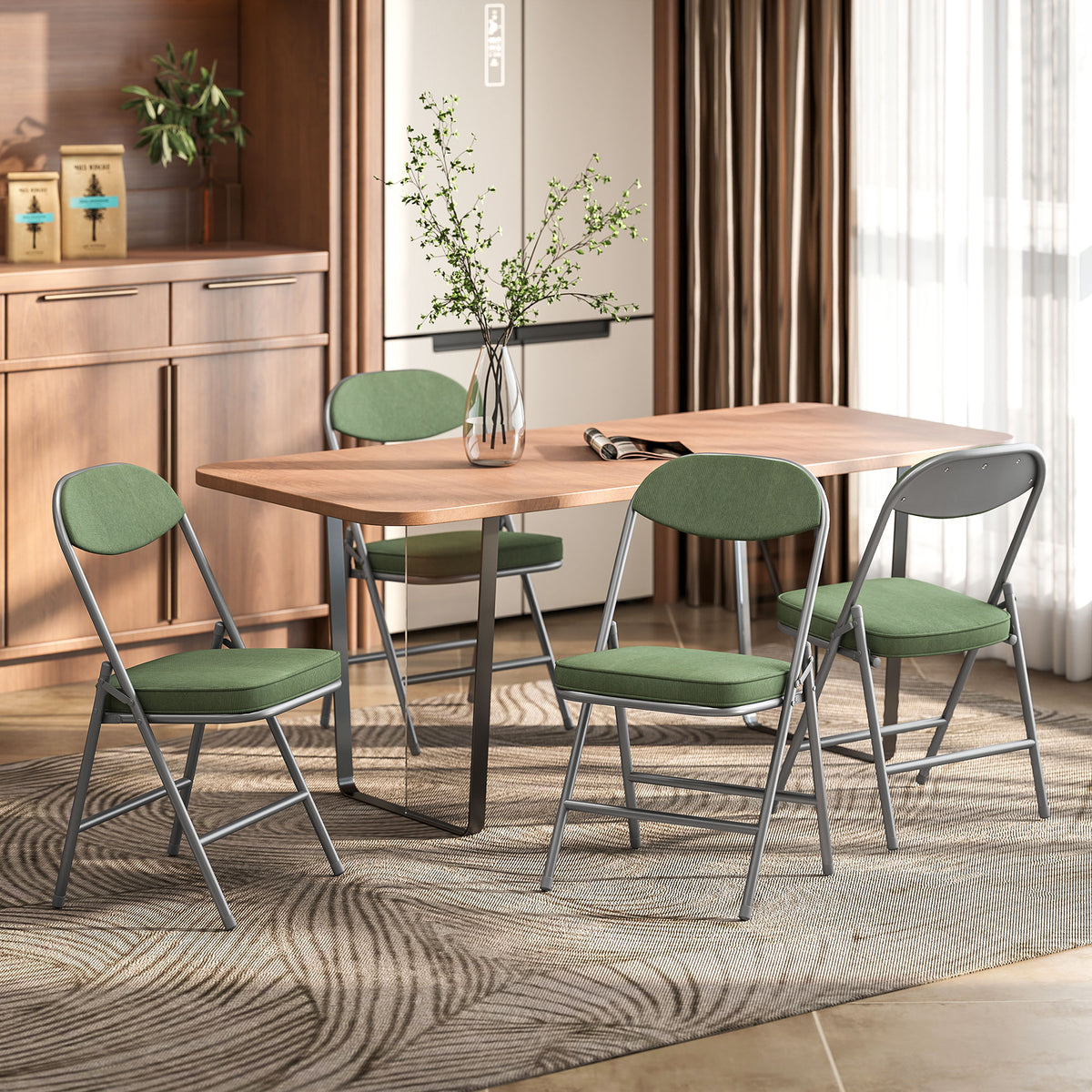 Lot de 4 chaises pliantes chaises de salle à manger portables avec assises et dossiers rembourrés en velours côtelé vert-9
