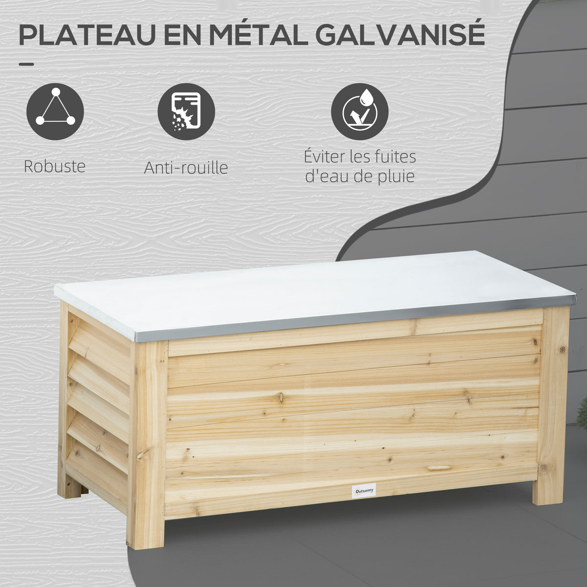 Coffre de jardin en bois et couvercle en métal galvanisé 155L avec vérins - 110 x 50 x 50 cm-5