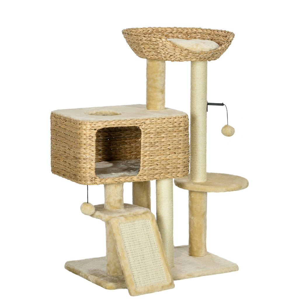 Arbre à chat avec griffoir niche panier d'observation plateformes pompon suspendus 60 x 40 x 98 cm beige-0