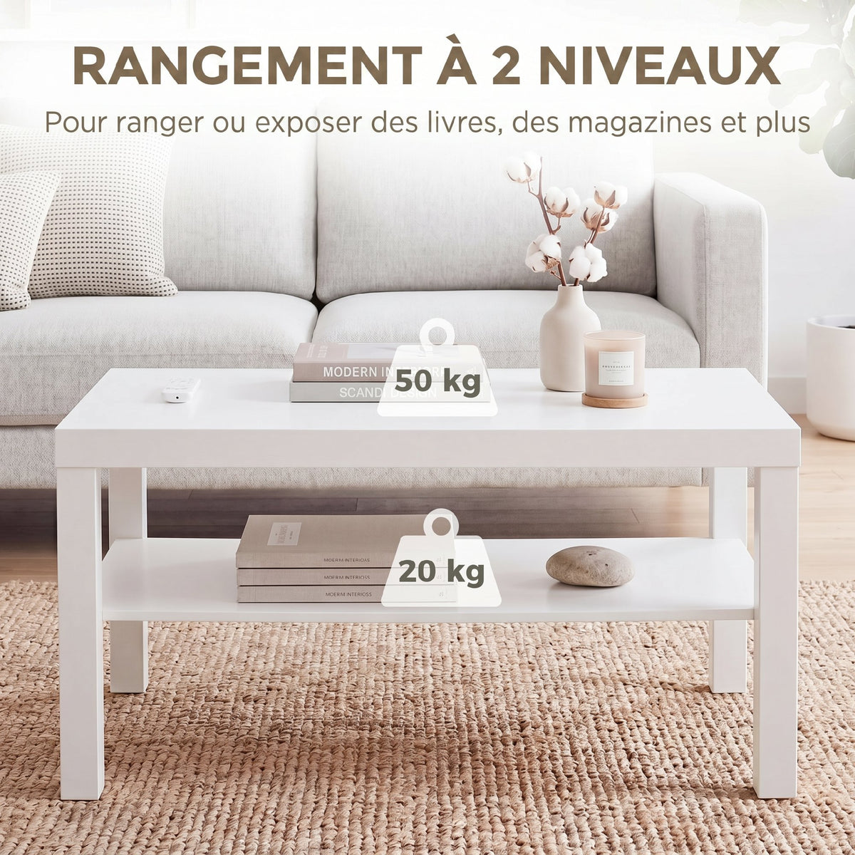 Table basse de salon, table d'appoint rectangulaire à 2 niveaux avec étagère de rangement, 90x45x44,5cm, blanc-4
