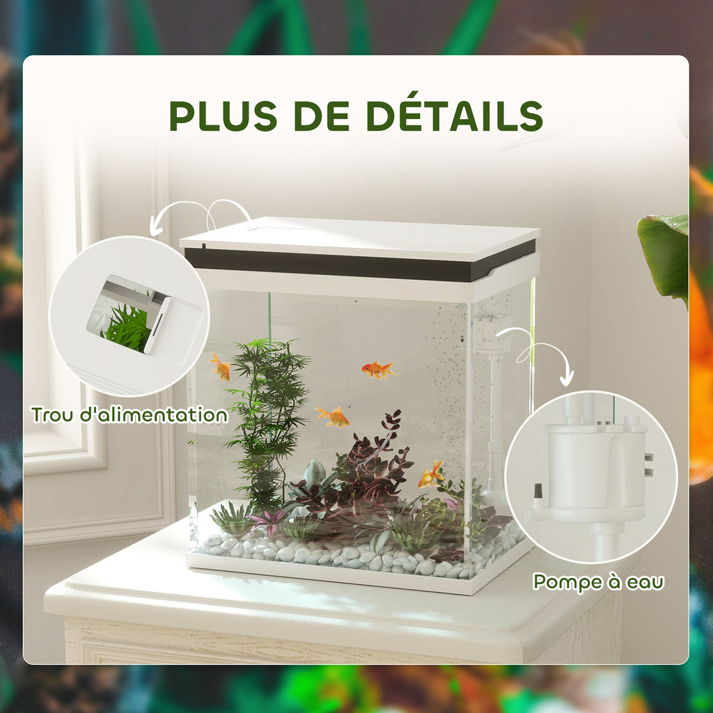 Petit aquarium complet 14L aquarium en verre avec système de filtration éclairage LED pompe à eau 30 x 20 x 33 cm blanc-6