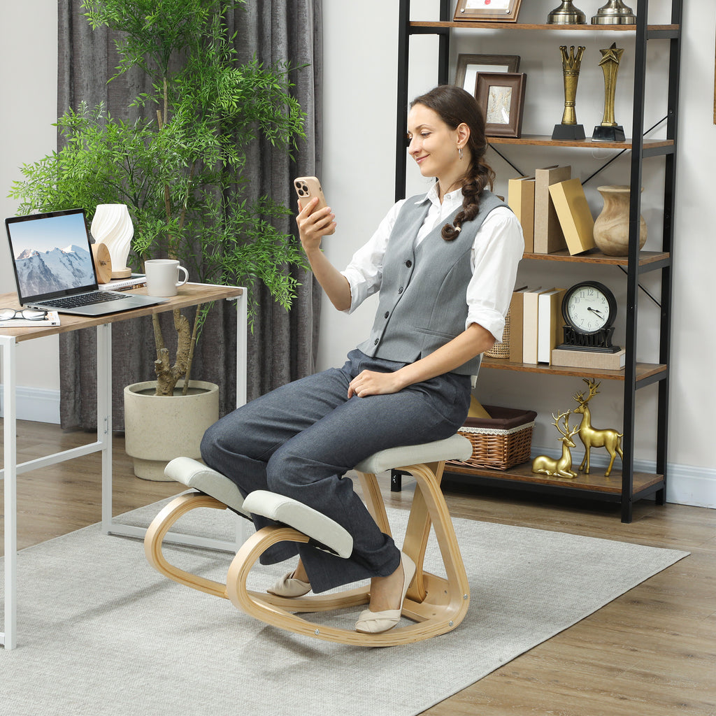 Siège assis genoux, tabouret ergonomique en bois à bascule avec dossier, chaise à genoux pour bureau à domicile, crème-1