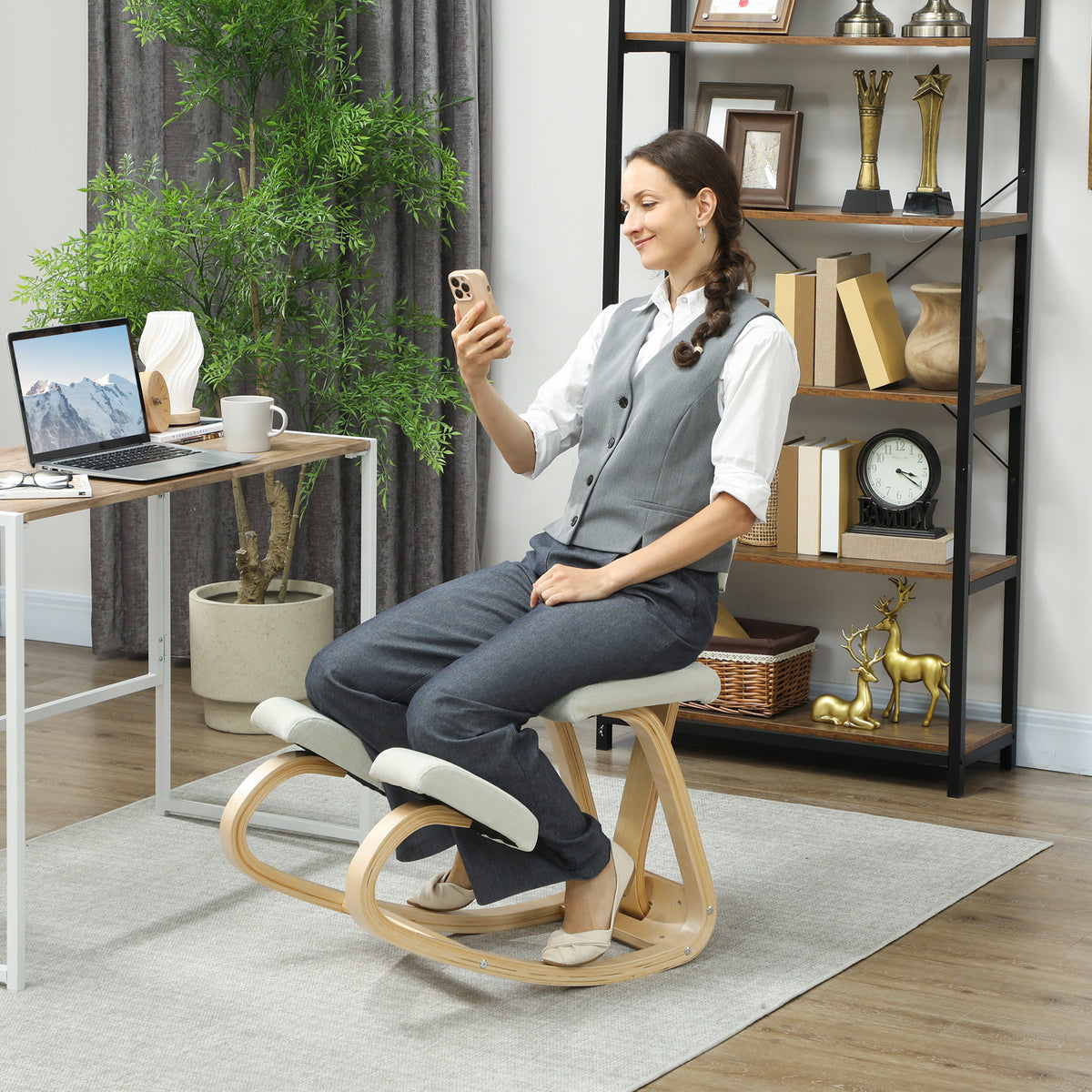 Siège assis genoux, tabouret ergonomique en bois à bascule avec dossier, chaise à genoux pour bureau à domicile, crème-1