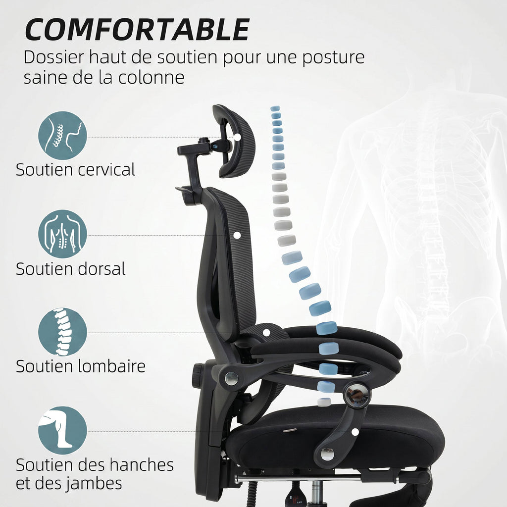 Chaise Bureau Ergonomique avec Appui-Tête Réglable, Fauteuil de Bureau Inclinable en Maille, Dossier Séparé, Noir-3