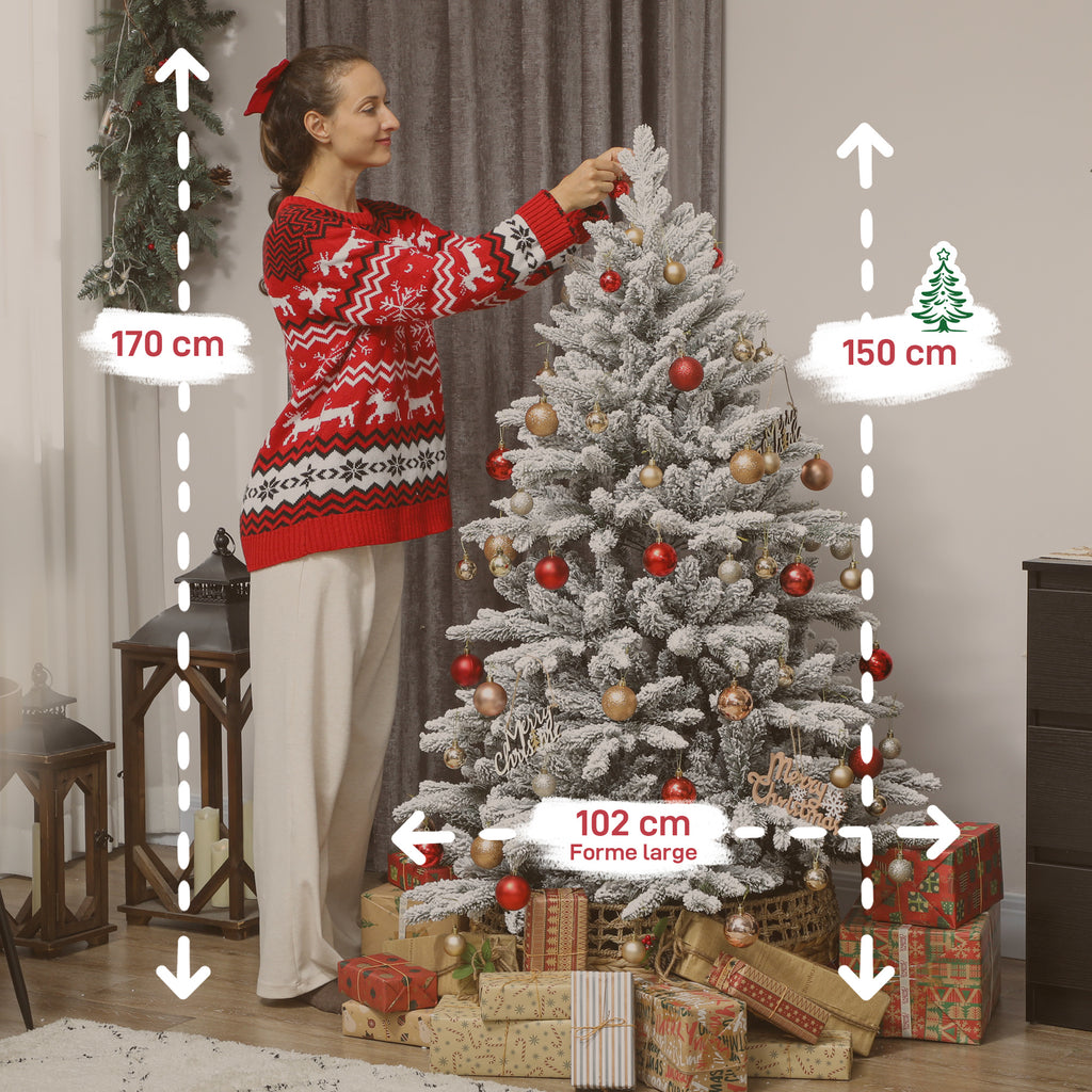 Sapin de Noël artificiel floqué de neige 150 cm, arbre de Noël avec 768 branche, support en métal pliable, vert-2