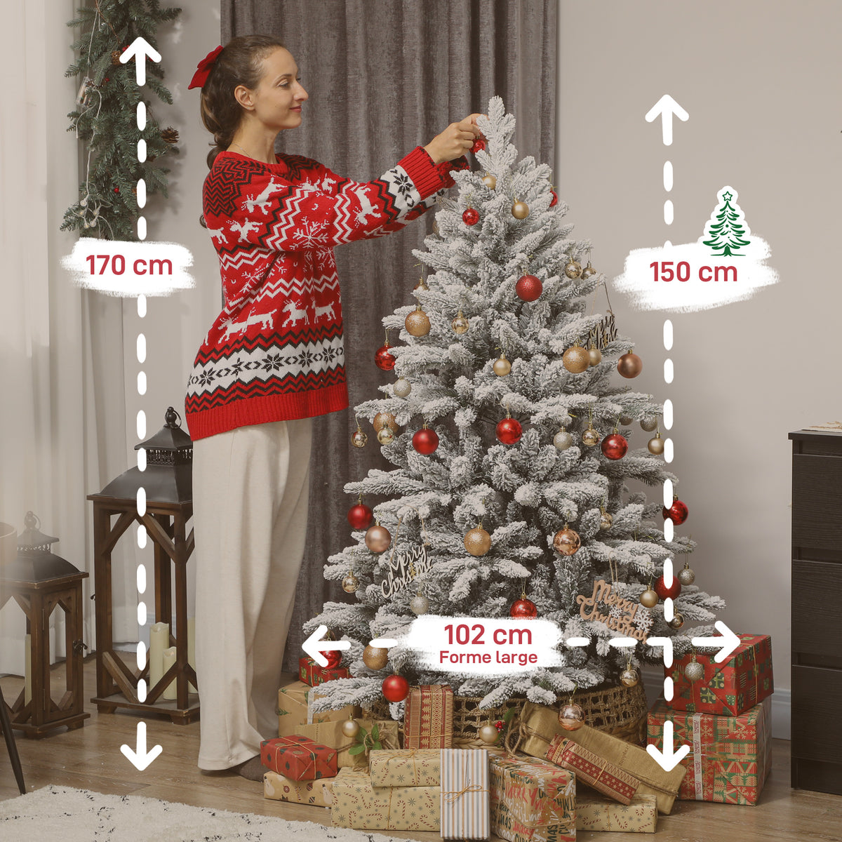 Sapin de Noël artificiel floqué de neige 150 cm, arbre de Noël avec 768 branche, support en métal pliable, vert-2