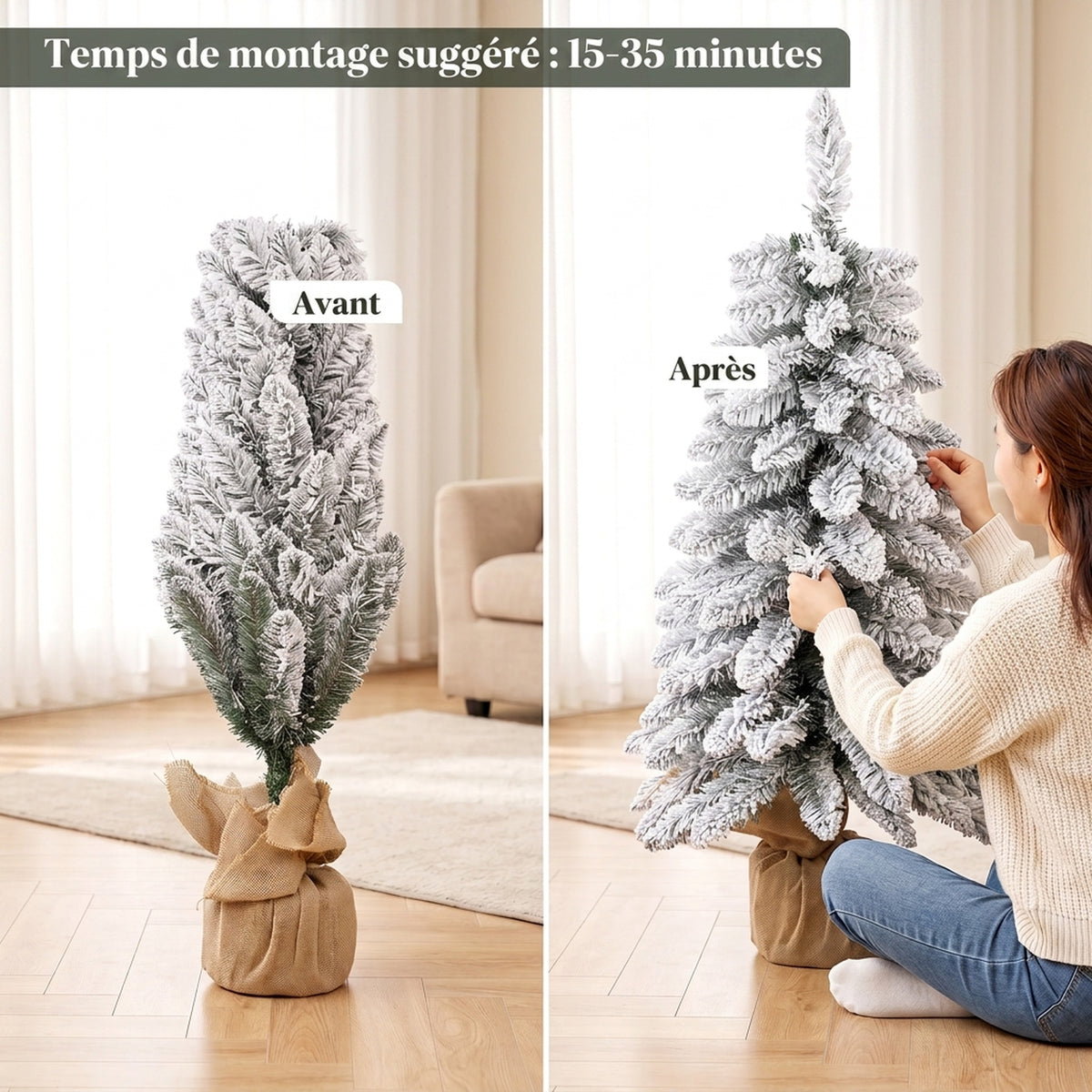 Sapin de Noël Artificiel 90 cm, 107 Embouts de Branches Enneigés en PVC, Base en Toile de Jute, Montage Rapide, Blanc-6