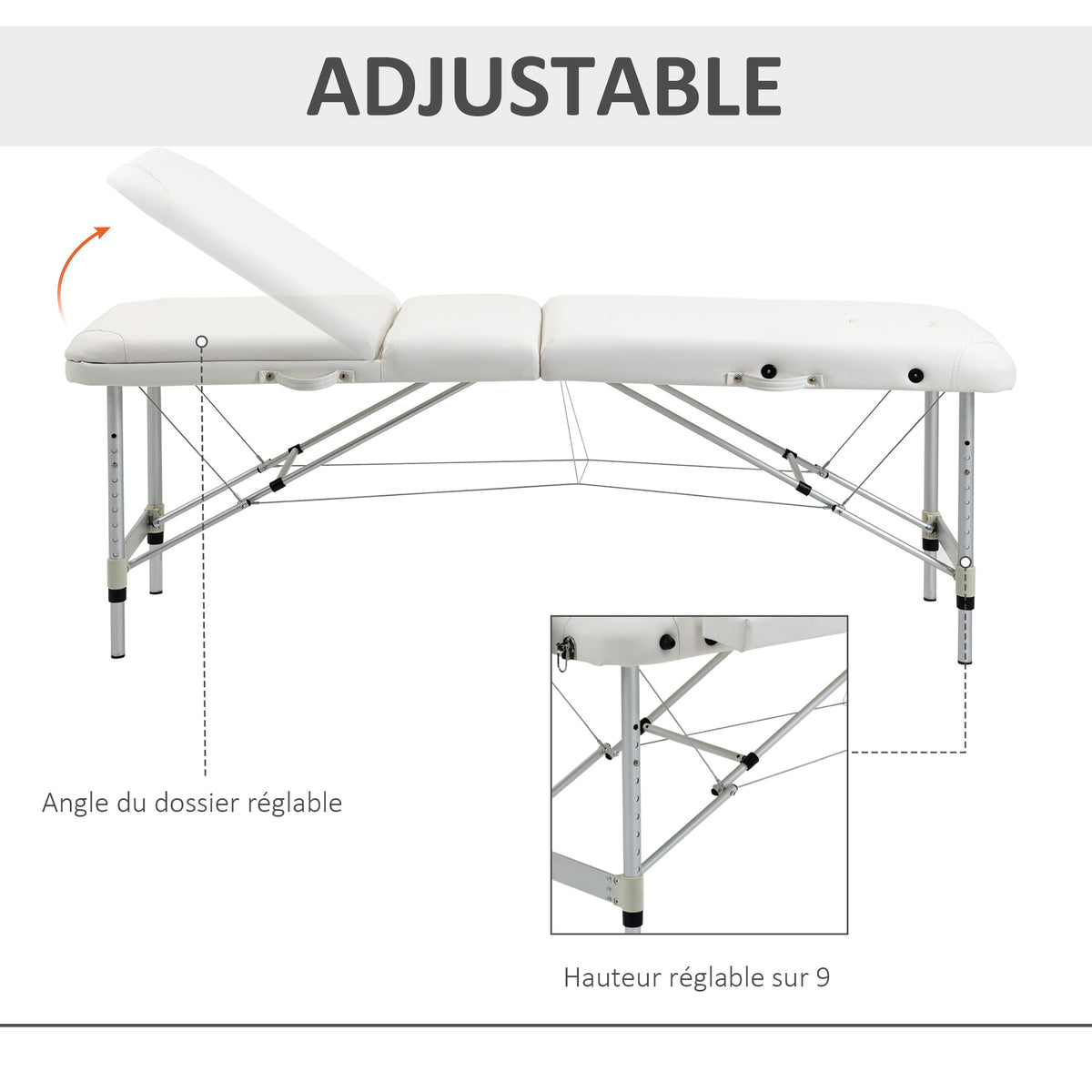Table de massage 3 zones pliante cosmétique portable charge max. 225 Kg hauteur réglable cadre en alliage blanc-3