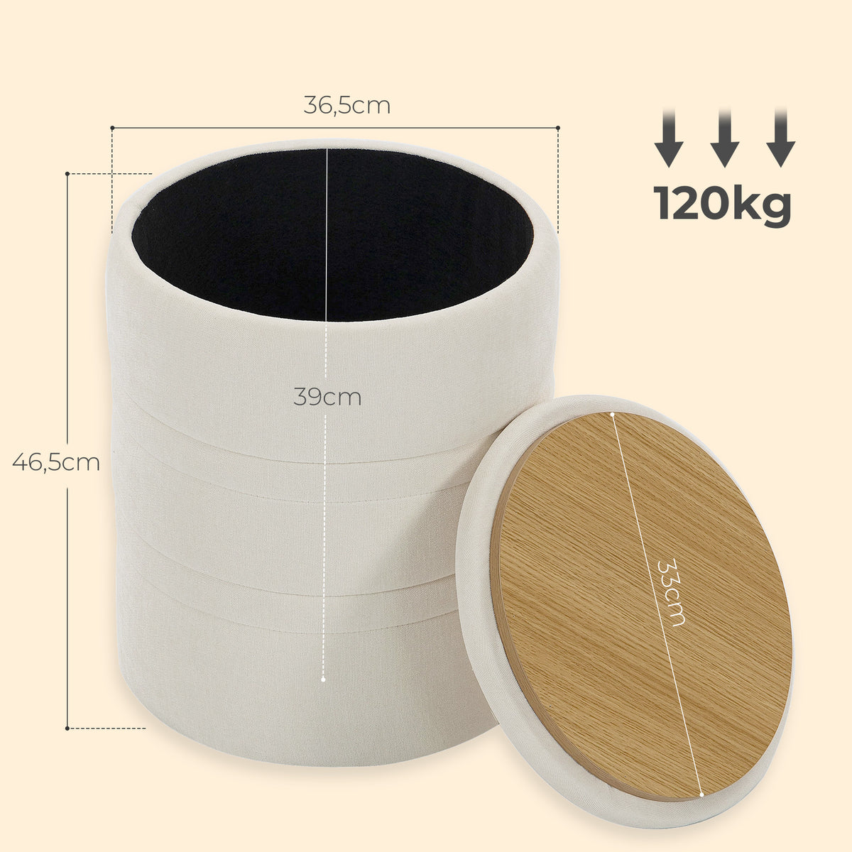 Pouf de Rangement en Chenille avec Couvercle, Tabouret Rond pour Salon et Chambre, Beige-2