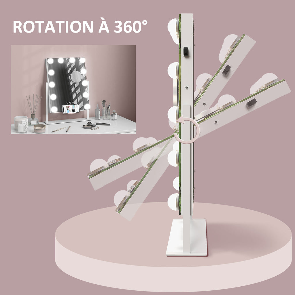 Miroir Hollywood avec LED 12 ampoules, luminosité réglable, rotation à 360°, grossissement 10X, touche tactile, blanc-8