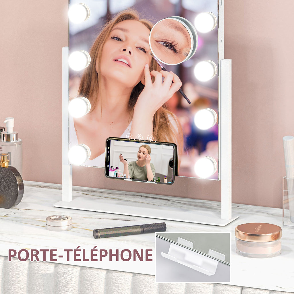 Miroir Hollywood avec LED 12 ampoules, luminosité réglable, rotation à 360°, grossissement 10X, touche tactile, blanc-3