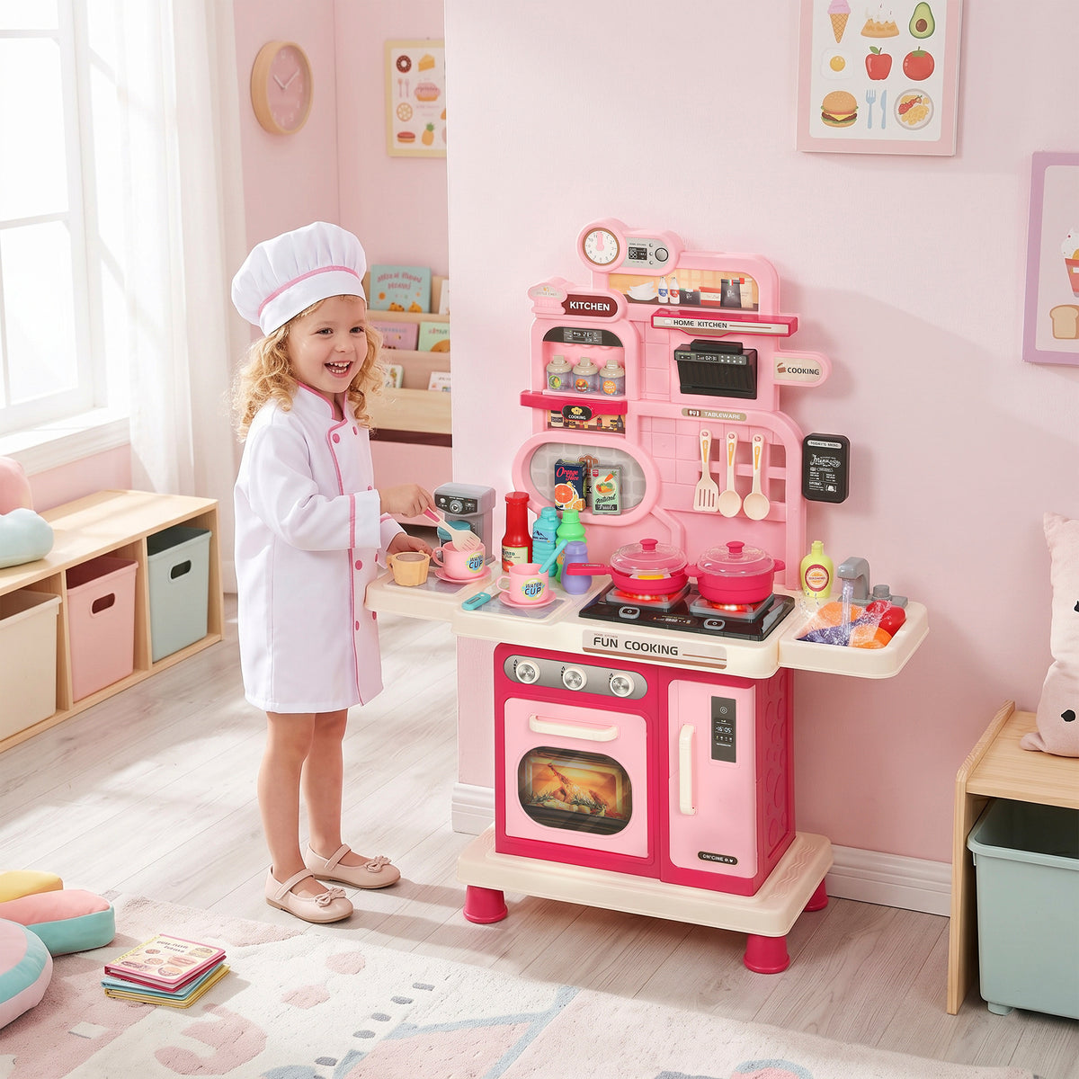 Cuisine pour Enfants Interactive, 33 Accessoires, avec Sons, Lumières, Rangement, 3-6 Ans, 67x25x87cm, Rose-1