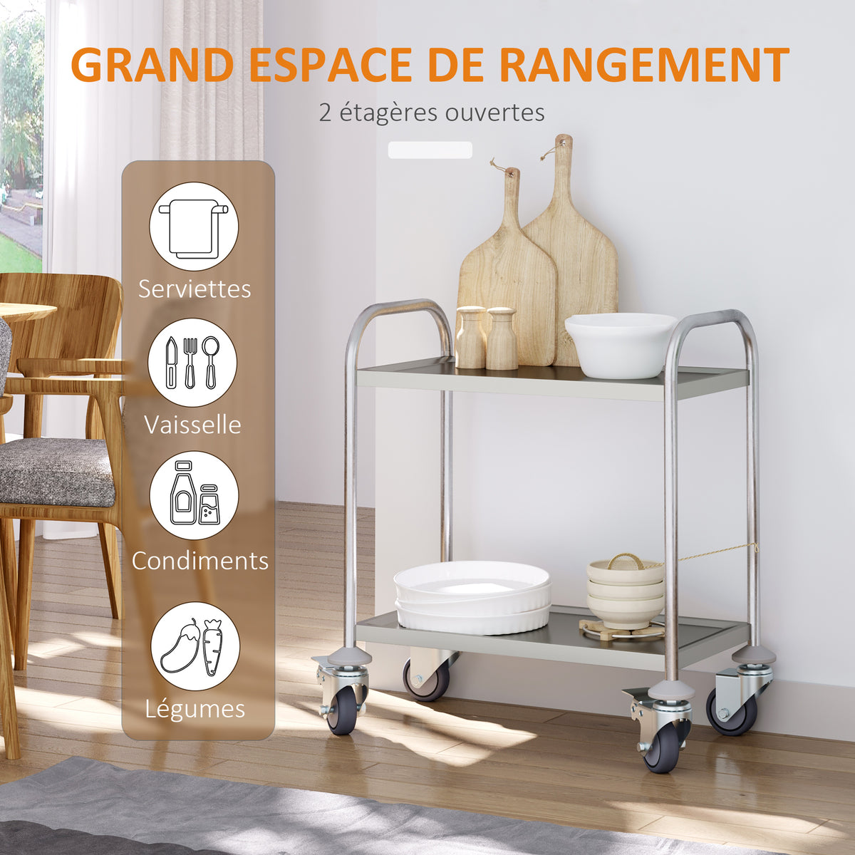 Chariot de service desserte de cuisine à roulettes 2 étagères 80L x 45l x 82H cm acier inox. chromé-3