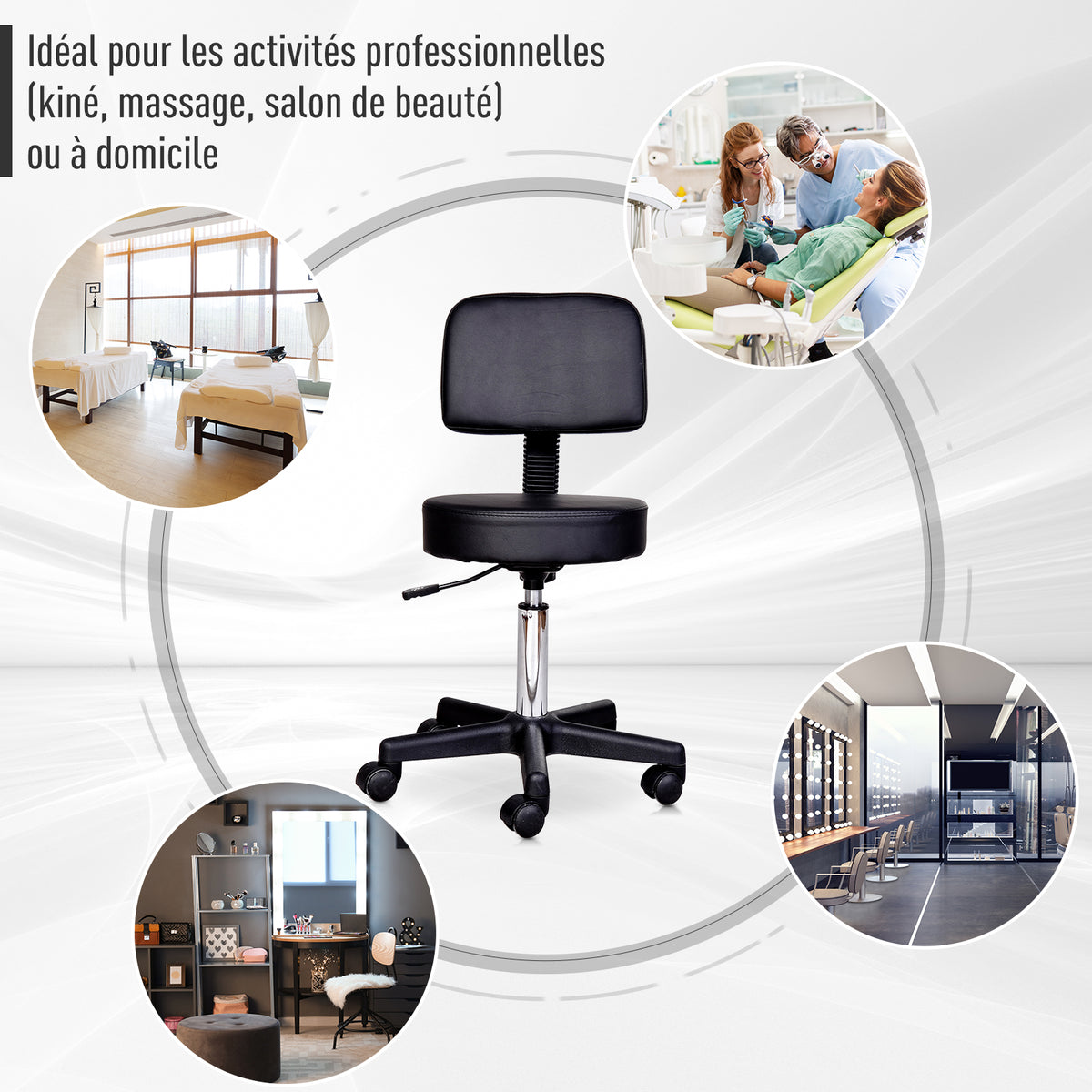 Tabouret massage a roulettes reglable en hauteur pivotant avec dossier ergonomique noir-8