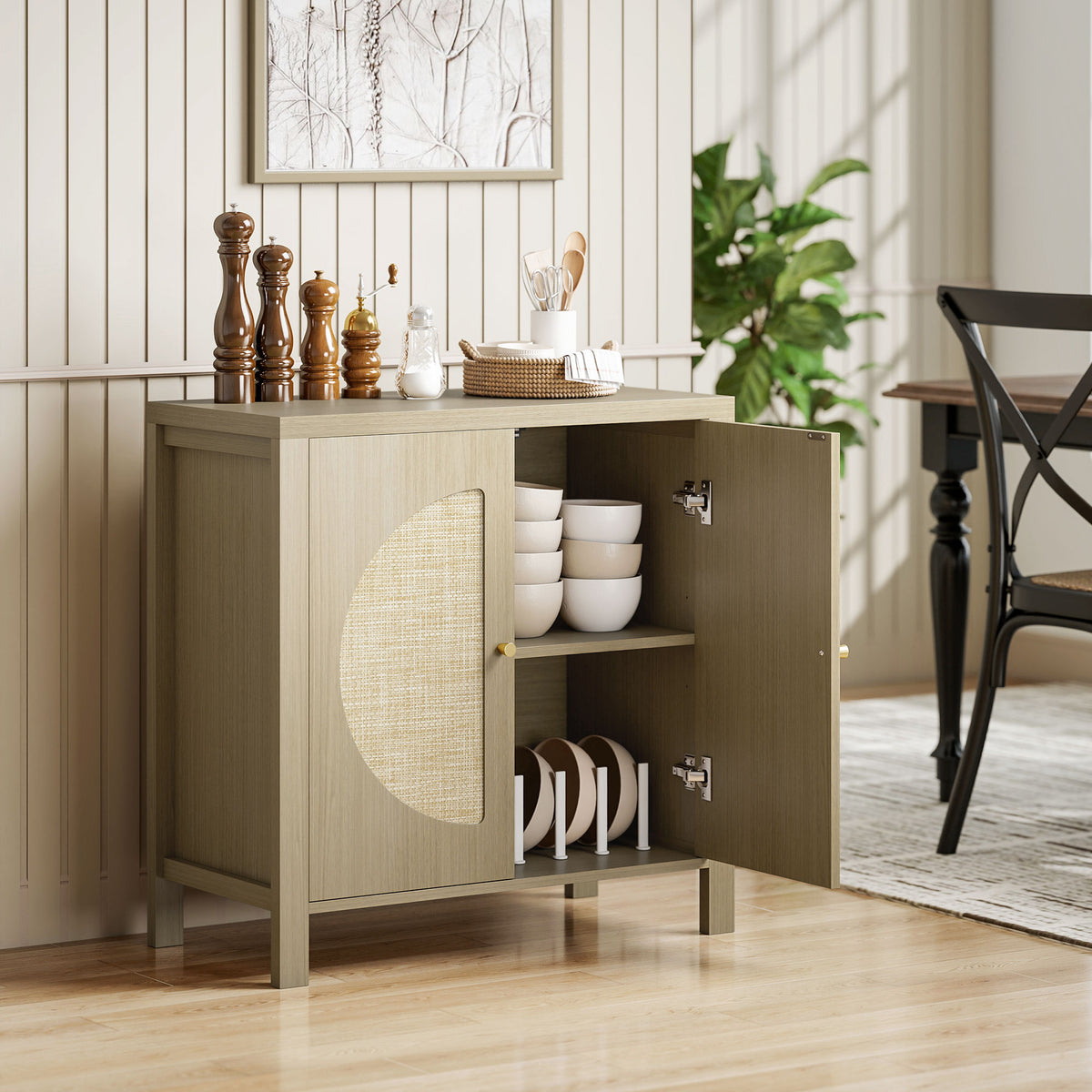 Buffet cuisine, meuble de rangement avec 2 portes effet rotin et étagère réglable, 75 x 38 x 77 cm, bois naturel-1