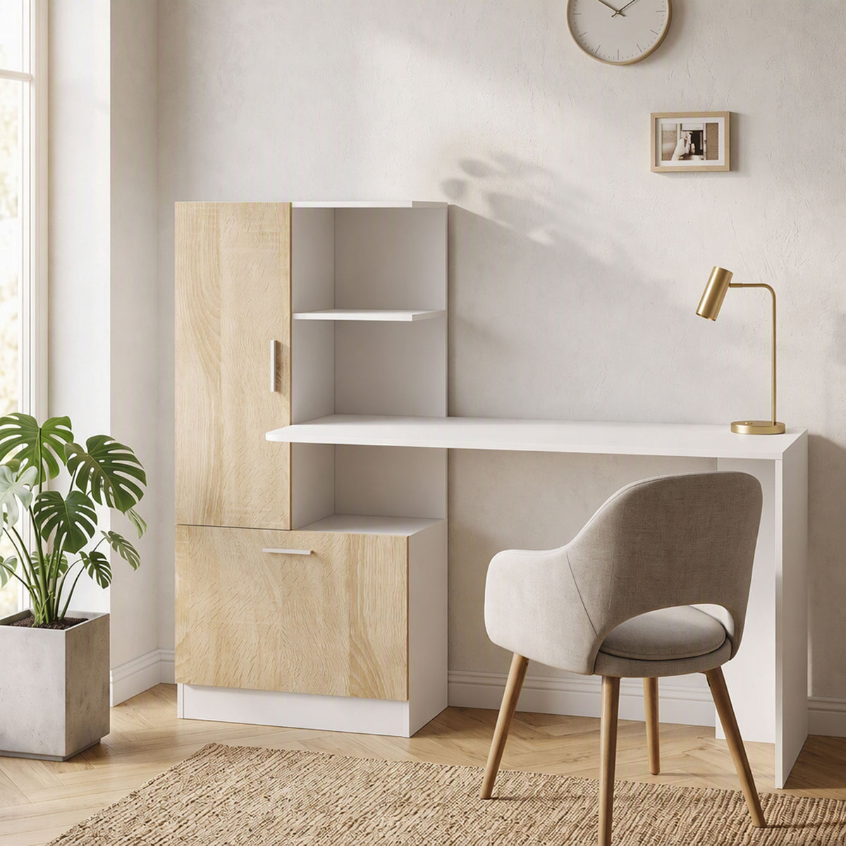 Bureau d'Ordinateur avec Bibliothèque, Bureau Informatique, Placard et Étagères Ouvertes, 150x55x122cm, Blanc et Naturel-1